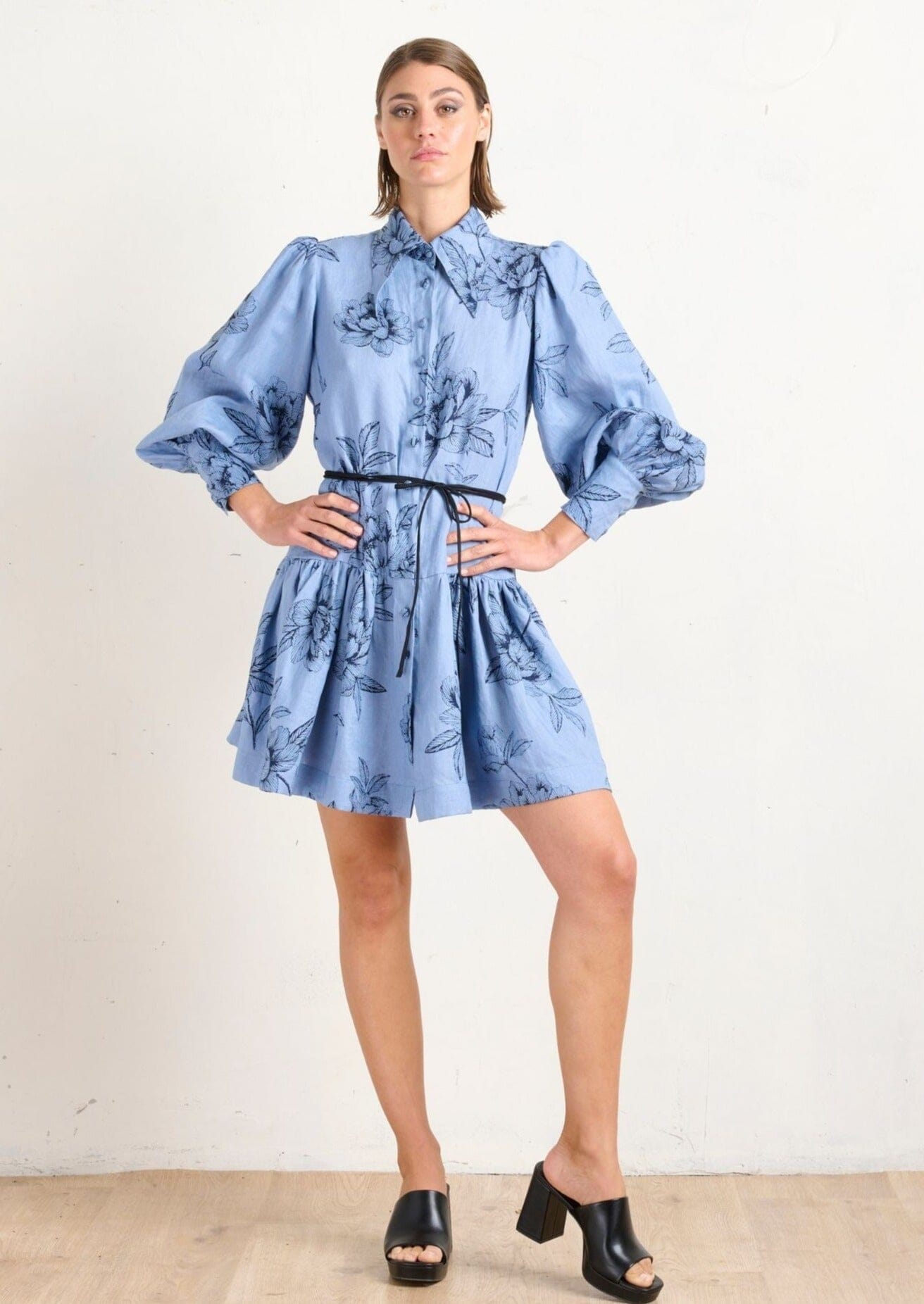 Pointed Collar mini Dress-Peonies Blue Dress State of Embrace 