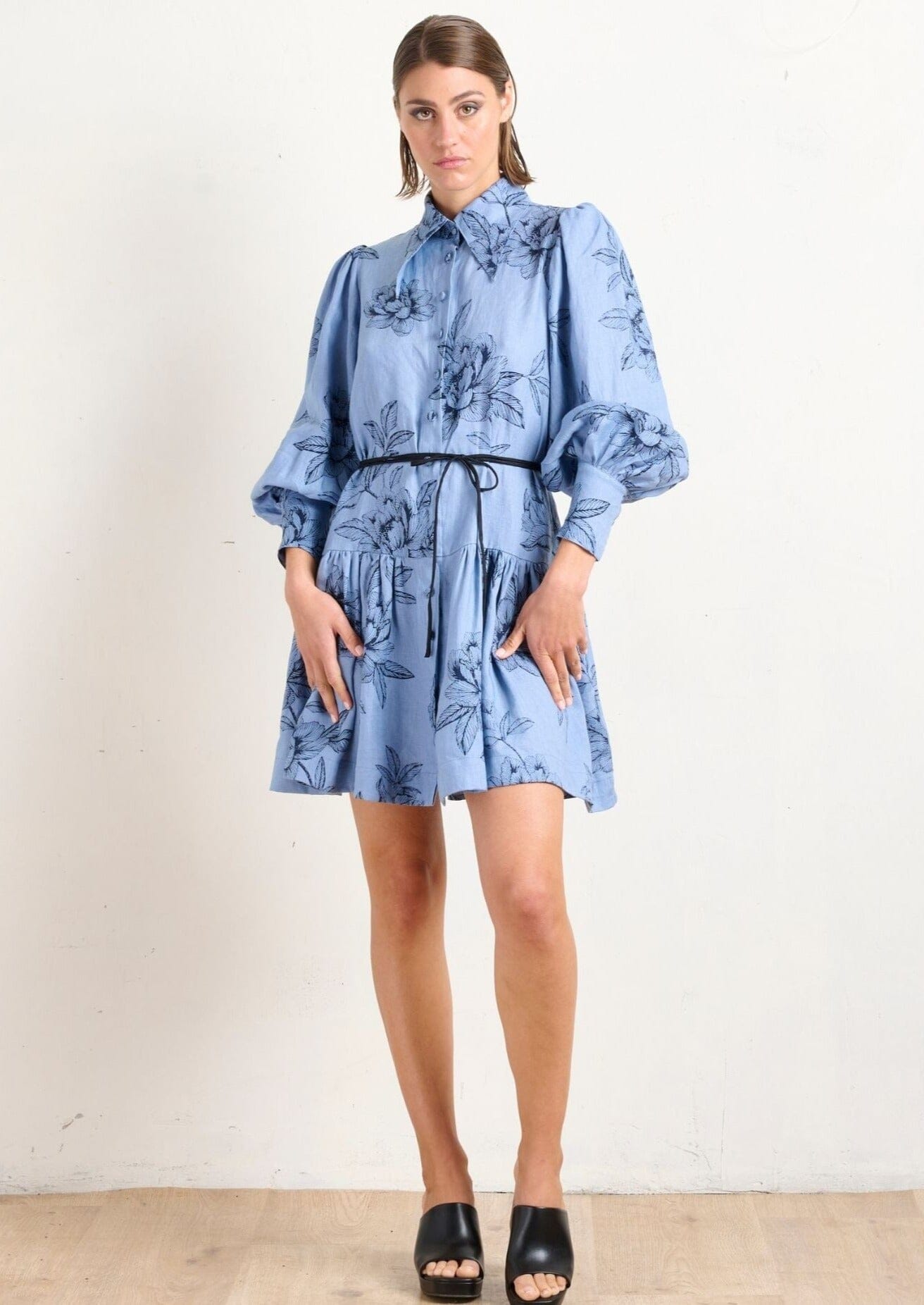 Pointed Collar mini Dress-Peonies Blue Dress State of Embrace 